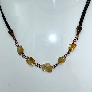 Handmade Double Black Leather Cord 5 Station Genuine Citrine Gemstone Necklace